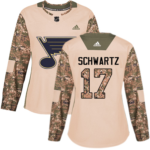 Adidas Blues #17 Jaden Schwartz Camo Authentic Veterans Day Women's Stitched NHL Jersey - Click Image to Close
